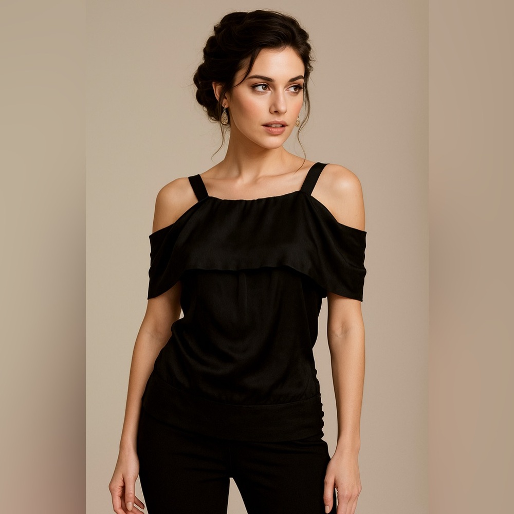 BCBG MaxAzria NEW! Black 100% Silk Cold Open Shoulder Blouse Sz XS
